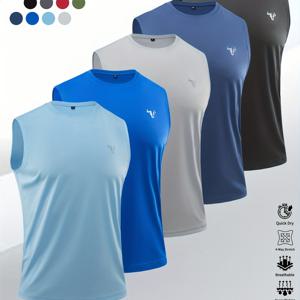 TEMU 와웰 남성용 솔리드 컬러 & 황소머리 프린트 민소매 티셔츠 5팩 - 빠른 건조 통기성 운동복, 헬스, 러닝, 농구, 야외 트레이닝용 - 팀용 대량 패키지 (5개) - 세탁기 사용 가능