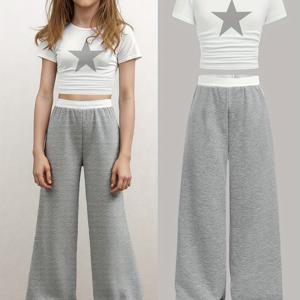 TEMU 여아용 솔리드 컬러 니트 반팔 상의와 대비색 허리 팬츠 세트, 봄·여름·가을 캐주얼 패션 긴바지 아동복, 야외 활동에 완벽한 키즈 의류