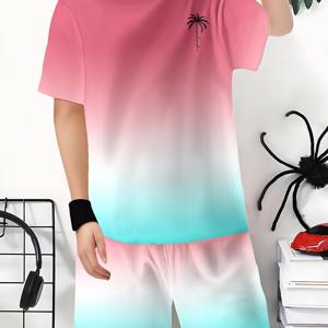 TEMU 여름 신상 컬러풀 3D 그라데이션 프린트 탑 반팔 반바지 투피스 세트 여아 남아 탑 반팔 세트, 야외용