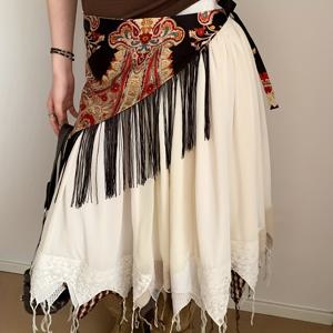 TEMU 폴리에스터 빈티지 삼각 스카프 프リンジ 엉덩이 커버 스커트 원피스, 허리 슬림핏 와이드컷 장식용 벨트 포함