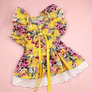 TEMU 노란색 작은 꽃무늬 프린트 메시 공주 웨딩 드레스 인형 칼라 플러시 두꺼운 따뜻한 프렌치 스타일 강아지 옷 고양이 옷 의류 드레스 플라잉 슬리브 보우 타이 레이스 귀여운 애완 동물 옷 진주 펜던트 코사주 보우 타이