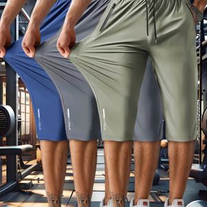 TEMU 남성용 여름 아이스 실키 섬유 원단 통기성 높은 신축성 반바지 1개, 드로스트링 허리와 지퍼 포켓, 반사 스트립 프린트, 통기성 있는 드로스트링 애슬레틱 반바지, 달리기, 요가, 훈련, 하이킹용, 가벼운 여름 스타일