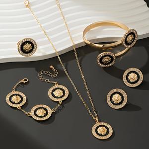 TEMU 6피스 주얼리 세트 트렌디한 뉴 라이온 헤드 인레이 유리 펜던트 목걸이 팔찌 귀걸이 반지 주얼리 세트