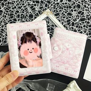 TEMU 귀여운 핑크 사각 리본 사진 홀더, KPOP 트렌디 사진 가방, PU 소재, 3-3.5인치 사진 카드, 사진 미니 앨범, 휴대용 아이돌 사진 앨범에 적합, 버튼이 있는 광택 필름, 사진 카드 32장 보관 가능