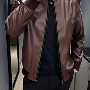 TEMU 남성용 트렌디한 가죽 재킷, 캐주얼 베이스볼 칼라 긴팔 가죽 재킷