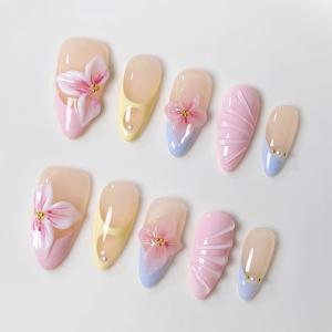 TEMU 10개입 핸드메이드 아몬드 모양 인조 손톱, 핑크 & 블루 대비 색상, 옐로우 속이 빈 프렌치 팁, 쉘 패턴, 입체 꽃잎, 작은 스틸 비즈 장식으로 고급스러운 감성 제공