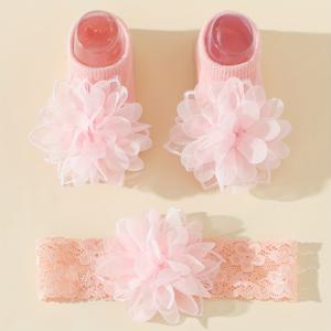 TEMU 큰 레이스 꽃 아기 보트 양말 한 쌍과 헤어밴드, 첫 달 또는 첫돌 선물용으로 적합