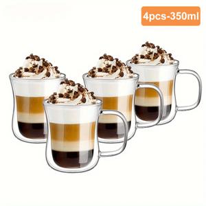 TEMU 4/6개/세트 라떼 더블 월 유리컵, 보로실리케이트 유리로 제작된 핸들형 커피컵, 티컵, 더블 월 카푸치노컵