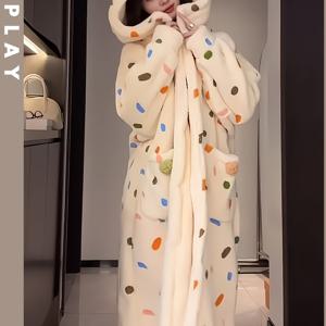 TEMU 25AW 홈 트렌드 1개 여성용 가을/겨울 따뜻한 후드 플란넬 가운, 두꺼운 안감 달콤한 컬러풀 도트 나이트가운