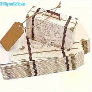 TEMU 태그와 황마 끈이 포함된 미니 수하물 선물 상자 100개/25세트 - 만화 테마, 튼튼한 종이, 휴일 및 결혼식 선물 포장용으로 완벽. 발렌타인데이, 어머니의 날, 아버지의 날, 추수감사절 및 기타 다양한 휴일에 적합