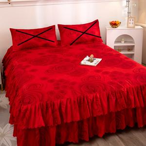 TEMU 초대형 침대 스프레드/베드 스커트 1개 - 딥 버건디 컬러 럭셔리 침대 커버, 트리밍 포함, 1m/1.5m//2m 침대와 호환, 부드러운 러플 헴 & 매끄러운 질감, 세탁기 사용 가능 - 퀸/킹 사이즈 침대와 호환 (베개 미포함) - 모던한 한국 스타일 러플, 매끄러운 디자인