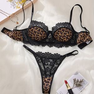 TEMU 프린트와 블랙 레이스 섹시 브라 세트, 싱글 레이어 반투명 언더와이어 브라, 프린트 컵이 야생의 매력을 풍기고, 레이스 프린트 스플라이스 팬티, 빈티지 야생의 매력 개성 브라 세트