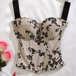 TEMU 가을-겨울 플로럴 프린트 크롭 타이트 탑, 패션 프린트 에스닉 스타일 지퍼 보디콘 탱크탑, 백투스쿨, 프로미, 파티, 뮤직 페스티벌, 카니발 SS299