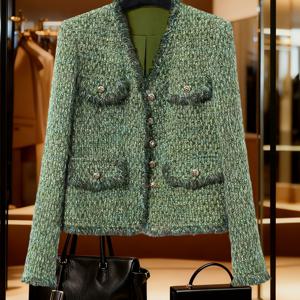 TEMU TD0912017 하이엔드 명사류 스타일 태슬 재킷 탑, 인기 그린 타르탄 여성용 숏 더블브레스티드 긴소매 코트, 봄/가을/겨울용, 데일리 캐주얼/비즈니스 오피스/비즈니스 미팅/캐주얼 모임/정장 디너/하이엔드 애프터눈티/라이트 럭셔리 쇼핑/패션 행사용으로 착용 가능