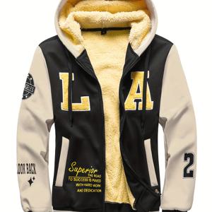 TEMU 남성 가을/겨울 신상 플러시 안감 레터 자수 컬러 매칭 스티칭 따뜻한 후드 재킷 코트