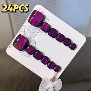 TEMU 24/48개 보라색 와이드 라이트 캣아이 프레스 토네일, 숏 스퀘어 반짝이 네일 키트 - 여성 데이트, 특별한 날, 일상 착용에 적합, 심플하고 다용도 휴일 선물, 젤리 글루 및 문지르기 스트립 포함