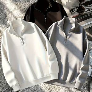 TEMU 남성용 캐주얼 솔리드 컬러 하프 지퍼 스웨트셔츠 3pcs 세트 - 폴리에스터, 세탁기 사용 가능, 스탠드 칼라, 긴 소매, 친구와 가족을 위한 완벽한 선물