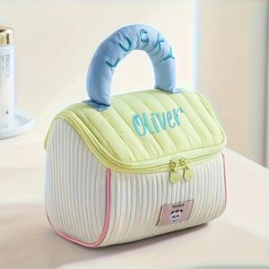 TEMU 개인 맞춤 자수 이름/텍스트 메이크업 가방 - 대용량 화장품 수납 파우치, 행운의 손잡이 - 생일/발렌타인데이 선물로 완벽, 여성, 남성 모두에게 적합 - 여행, 학교, 일상 사용 - 우아한 개인 맞춤 선물