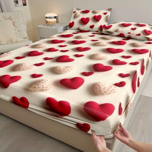 TEMU 패셔너블한 로맨틱 레드 하트 3종 세트 / 베개 保护커버 2개 / 매트리스 保护커버 1개 / 트윈 침대 / 풀 침대 / 퀸 침대 / 킹 침대, 부드럽고 피부 친화적 / 관리가 쉬움 - 꼭 맞는 핏, 매트리스에 쉽게 맞음 / 모든 계절용
