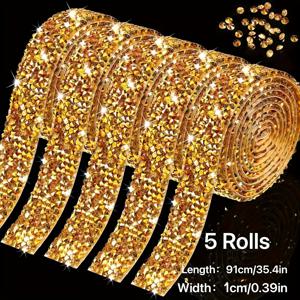 TEMU 반짝이는 골드 라인스톤 트림 5롤 - 접착제 필요 없는 반짝이는 플라스틱 테두리, 웨딩드레스, 주얼리 제작, DIY 공예, 파티 의상 및 휴일 장식에 적합 - 초보자와 전문가 모두 쉽게 적용 가능