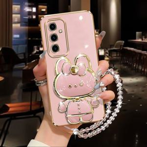 TEMU 폰 케이스: S25 우아한 도금 투명 손목 스트랩 랜야드 폰 홀더 케이스, 갤럭시 S25 호환 메이크업 미러 귀여운 토끼 스탠드 커버