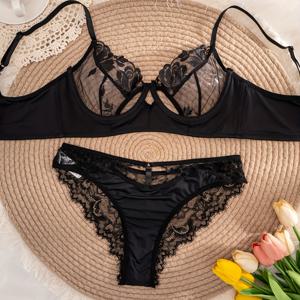 TEMU 여성용 단색 자수 레이스 패치워크 브라 세트 (언더와이어 및 얇은 컵 디자인으로 편안함 제공)