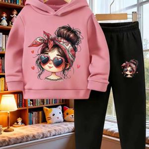 TEMU 2025년 신상 여아복 여아 패턴 프린트 패션 스웨트셔츠 세트 투피스 세트, 가을/겨울 따뜻한 긴팔 후드티 캐주얼 스포츠 프린트 스웨트셔츠 스웨트팬츠 투피스 세트 후드티 캐주얼 바지 세트, 야외 레저 여아용 스웨트