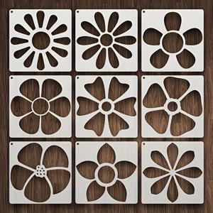 TEMU 꽃 스텐실 9종 세트, 5.12인치, 재사용 가능한 꽃무늬 페인팅 टेンプ레이트 - 데이지, , 5꽃잎 & 8꽃잎 꽃 패턴 포함, 나무, 캔버스, 벽 예술 DIY 공예용