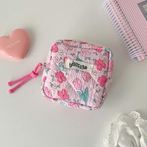TEMU 여아용 상큼하고 귀여운 플로럴 생리대 보관 파우치, 휴대용 작은 정사각형 생리대 화장품 가방