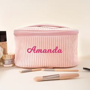 TEMU 1개 맞춤 자수 이름 코듀로이 메이크업 가방 - 핸드백, 대용량 휴대용 여행용 화장품 파우치, 지퍼 잠금, 가벼운 접이식 디자인, , 신부 들러리 또는 파티 액세서리 완벽한 선물