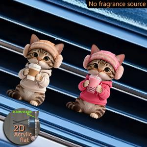TEMU 2D 플랫 귀여운 고양이 패턴 2개 세트, 우유 차 및 커피, 2D 플랫 아크릴 차량 에어컨 통풍구 클립 장식, 