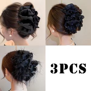 TEMU 3개 세트 우아한 블랙 구름 버블 클로 클립 세트 여성 헤어 스타일링 대형 상어 클립 별이 빛나는 하늘 블랙 리본 블랙 태슬 블랙 3피스 헤어 클립