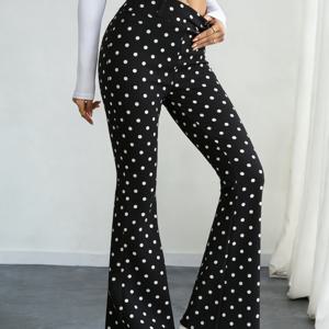 TEMU 1개 봄/여름 프린트 플레어 팬츠 | 캐주얼 하이 스트레치 원단, 물방울 무늬 패턴, 성인용으로 완벽