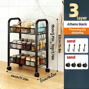 TEMU 메쉬 메탈 수납 카트, 3~4단 선택 가능, 블랙, 주방 수납 카트, 플라스틱 고리 4개 및 롤러 4개 포함, 이동이 간편함, 가정, 사무실, 주방 수납용, 비식품용