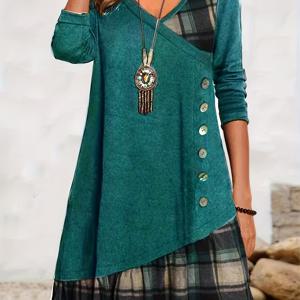 TEMU 봄가을 우아한 캐주얼 체크 패치워크 긴팔 드레스