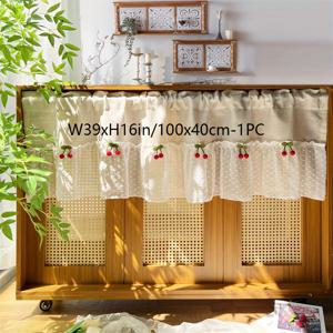 TEMU 1개, 프랑스 라이트 럭셔리 베이지 폴카 도트 인레이 스티칭, 빨간 체리 레이스 짧은 커튼, 탑 로드 포켓, 고품질 부드러운 드레이핑 절연, 안장 없음, 세탁 가능, 거실, 주방 식당, 베이 창 홈 데코 입구 파티션에 적합, 250gsm