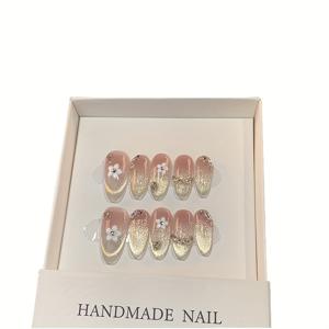 TEMU 고급스러운 순수 수제 착용 가능한 네일 팁 10개 세트, 화이트닝 효과를 위한 캣 아이 라인석이 있는 가벼운 매니큐어