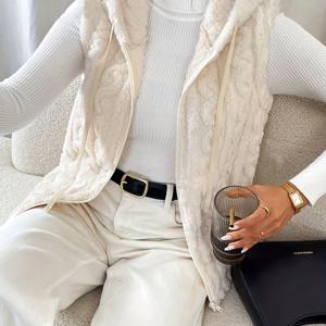 TEMU 가을/겨울 여성용 신상품 자카드 양면 플러시 후드 포켓 지퍼 민소매 베스트 재킷