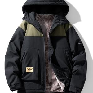 TEMU 플러스 사이즈, 특대형, 루즈핏 후드 코트, 겨울용 두꺼운 패치워크 재킷 및 , 가을/겨울용 기모 안감 재킷