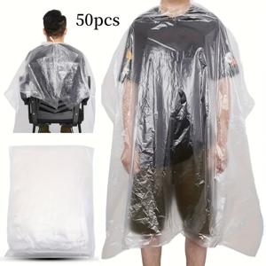 TEMU 50개입 고품질 일회용 헤어 살롱 케이프 세트 - 투명 플라스틱 앞치마, 헤어 컷, 염색, 염료 처리용, 스타일링 도구 및 염료로 인한 의류 보호, 이발사 보호 | 전체 커버리지 디자인 | 안전한 목 스트랩