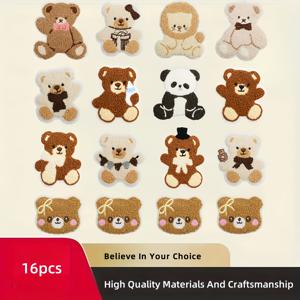 TEMU 16개 세트 귀여운 곰돌이 아이언온/바느질 패치, 옷·모자·가방·드레스 DIY 장식용 자수 앱리케, 카툴곰 디자인, 섬세한 스티칭, 수제 프로젝트 소재
