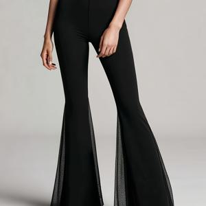 TEMU 여성용 우아한 블랙 거즈 사이드 메쉬 플레어 팬츠, 부드럽고 신축성 있는 원단, 캐주얼하고 편안함, 사계절용, 봄, 여름, 가을에 적합