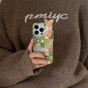 TEMU 휴대폰 케이스 - 반투명 화이트 라이트 IND | 그린 체크 플로럴 토끼 패치워크 | 입체 플러시 토끼 | 최고의 선물 | 아이폰 11 12 13 17 Pro Max에 적합