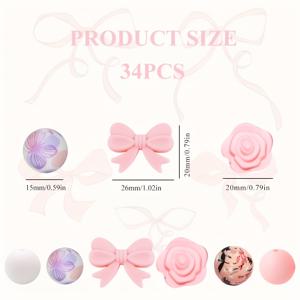 TEMU 34개 3D 핑크 리본 및 핑크 꽃 실리콘 비즈 - 멀티컬러 혼합 공예 비즈, 주얼리 제작, 팔찌 및 펜 장식에 적합 - 내구성이 뛰어난 장식 아이템, 주얼리 제작 용품, 부드러운 질감 - 휴일을 위한 완벽한 선물