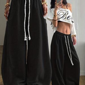 TEMU 2025 가을/겨울 신상 여성용 편안하고 부드러우며 통기성 좋은 루즈핏 데일리 활용도 높은 레귤러 스타일 바지, 휴가, 여가, S, 댄스 연습, 스트리트댄스, 스트리트 스타일, 뮤직 페스티벌용, 단색, 두꺼운 드로스트링, 신축성 있는 허리, 와이드 레그 하렘 팬츠, 스웨트팬츠, 긴 바지