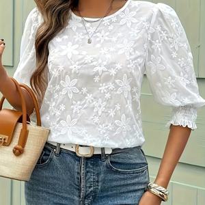 TEMU 우아한 여성 플로럴 반투명 레이스 소매 셔츠 - 3/4 소매 라운드넥 반팔 탑, 가볍고 세탁기 사용 가능, 봄, 여름, 가을에 적합, 캐주얼 및 포멀한 행사 모두에 적합