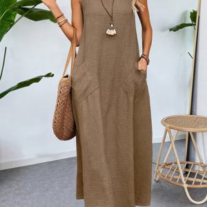 TEMU 플러스 사이즈, 여름 여성 패션 솔리드 컬러 드레스 민소매 베스트 드레스 V넥 포켓 캐주얼 엘레강트 플러스 사이즈 드레스