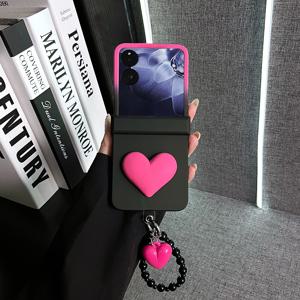 TEMU 휴대폰 케이스 - 힌지형 스킨감성 블랙 로즈 레드 케이스 + 3D 대형 로즈 레드 하트 + 블랙 비드 손잡이 로즈 레드 하트, 삼성 갤럭시 Z 플립 7 갤럭시 Z 플립7 FE 갤럭시 Z 플립 6 갤럭시 Z 플립 5 갤럭시 Z 플립 4 갤럭시 Z 플립3 용 휴대폰 케이스