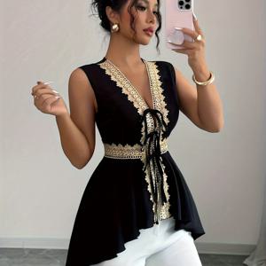 TEMU 크로스보더 신상 캐주얼 레이스 트림 스플라이스 테일 레이스업 여성용 패션 조끼