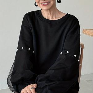 TEMU 여성용 라운드넥 버블 비즈 장식 메쉬 랜턴 슬리브 컬러 블록 솔리드 스웨트셔츠